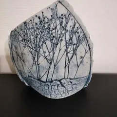 青い植物模様　花瓶　陶器 天目陶藝