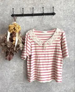 【Ne-net(ネネット)】レース襟付きピンクボーダー半袖Tシャツ2のサムネイル