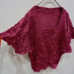 美品✨️【S~M】レース編み 半袖トップス レディース 紫 パープル 重ね着