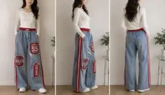 【新品タグ付き】サイドライン ワッペン ワイドデニムパンツ