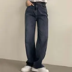グレーダークブルー ハイウエストストレートワイド デニムパンツ