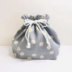 お弁当袋　デイジー　グレー　花柄　ハンドメイド　巾着袋　【464】