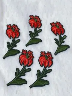 666.可愛い赤花のアイロンワッペン5枚セット