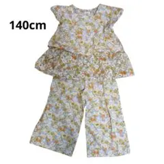 ペアマノン 花柄 セットアップ チュニック フリル袖 ワイド裾 140 黄