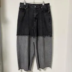 リメイク風 デニムパンツ 切替 カットオフ L ワイド グレー 古着 ピグメント