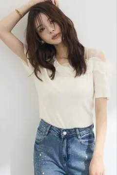 シースルー フリル ドッキングトップス ホワイト アシンメトリー frene