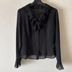 フリル付きブラックシフォンシャツ M