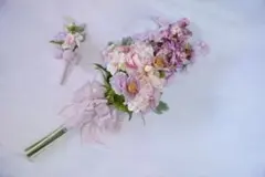 ピンク パープル　くすみカラー ブーケ ブートニア セット