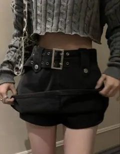 ベルト付き カジュアル デニムショートパンツ ブラック