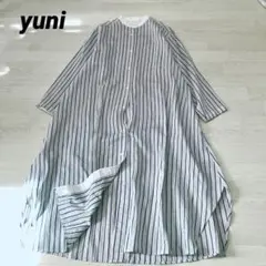 ユニ　yuni バンドカラーシャツロングワンピース ストライプ　バイカラー