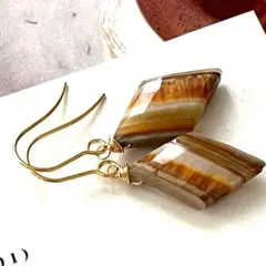 1点作品☆ 菱形ストライプブラウンオパールピアス　イヤリングに変更可能☺︎