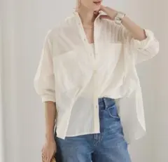 【ANGIE】シアーオーバーサイズ バンドカラーシャツ FREE