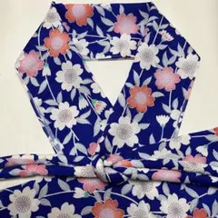 半襟・丸ぐけ・帯揚げセット(096) ブルー地に白、ピンク、オレンジ等の花