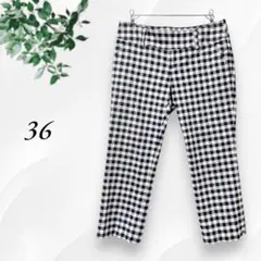 ノーリーズ  クロップドパンツ 七分丈 コットン 麻 ギンガムチェック 白黒