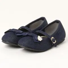 19cm 美品　ネイビーブルー リボン付きフォーマルパンプス　デニム