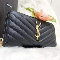 極美品✨サンローラン 長財布 ラウンド ブラック キャビアスキン YSL YSLイヴサンローランブラックレザー 黒長財布ブランドメンズ