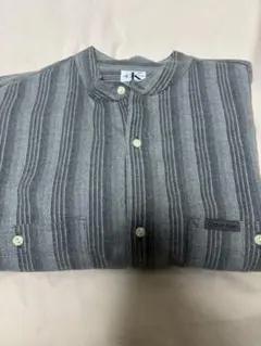 Calvin Klein 薄グリーンストライプ バンドカラーシャツ　LL