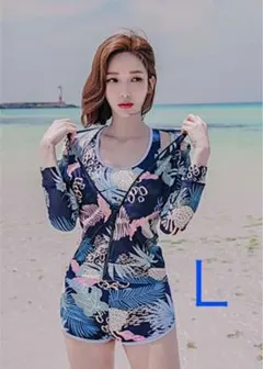 ラッシュガード付き　タンキニレディース３点セット水着　爽やかなブルー　 Ｌサイズのサムネイル