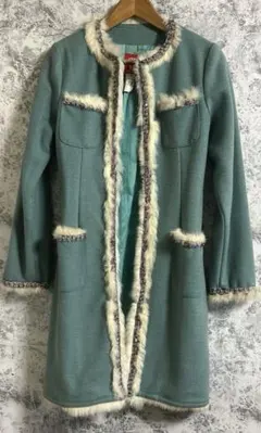インポートファー付き青緑色クリスマスロングコート美品訳あり