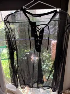 シースルー レースアップ メッシュシャツ 黒 M