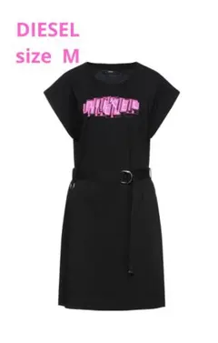 【ディーゼル】ベルト付き ロゴ Tシャツワンピース ピンクロゴ ブラック