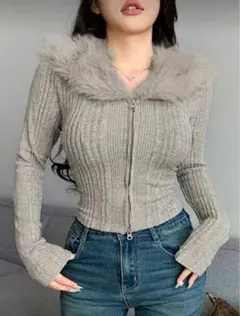 DAZY ファー襟パッチワ ークレディース 長袖Tシャツ