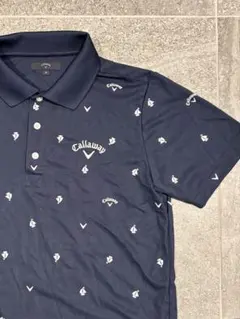 【美品】キャロウェイ 半袖ポロシャツ ゴルフウェア ロゴ総柄 ネイビー
