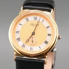 正規品【新品電池】CELINE D2903-3/動作品 スモセコ ヴィンテージ CELINE セリーヌ D2903-3 ラウンドフェイス 腕時計 GP/革 レディース