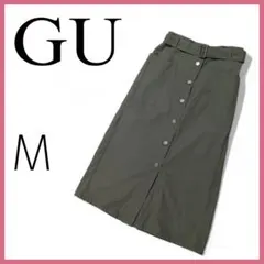 美品 GU ウエストベルトナローミディスカート オリーブグリーン M