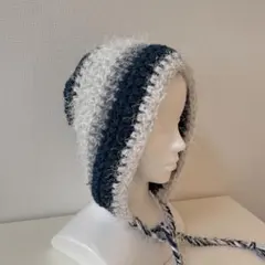 ボンネット　バラクラバ　ブルー系　編み物　ハンドメイド