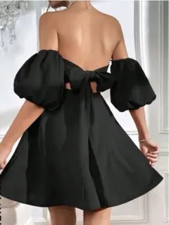 オフショルダー　パフスリーブ　バックレスタイ　ドレス　M ブラック
