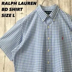 ラルフローレン 半袖シャツ L クラシックフィット ギンガムチェック 青白　古着