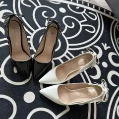 リボン付き ブラック ホワイト ハイヒール　2足