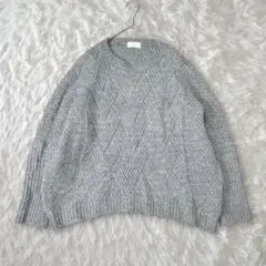 長袖ニット　セーター　編み込み模様 グレー　クルーネック　F プルオーバー
