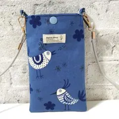 ハンドメイド　スマホショルダー　サコッシュ　北欧　ナチュラル　小鳥　花柄　ブルー