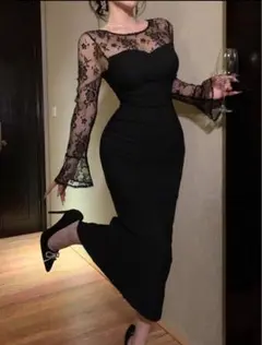 ワンピース　ブラックレース長袖タイトドレス