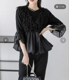 AMELY フェザーフリンジペプラムベスト ブラックのサムネイル