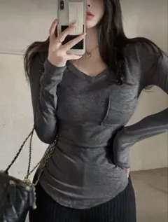 SHEIN Vネック 長袖Tシャツ グレー