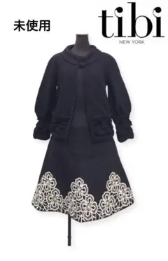 美品ティビtibiウール刺繍フレア花柄スカートブラック膝ひざ丈モノトーン黒白高級のサムネイル