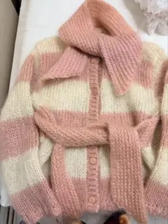 ingeborg ボーダー粗編みニットカーディガン　ピンクのサムネイル