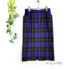 サン・フラワー チェック柄 ウール タイトスカート パープル Ｍサイズ 日本製