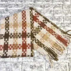 【美品】大判チェック柄 フリンジマフラー ストール ブランケット