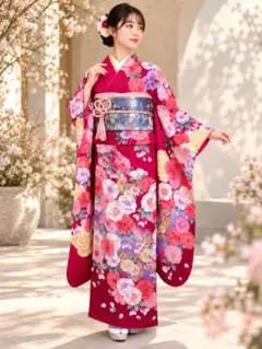振袖 深紅 牡丹 菊 花柄 成人式 フルセット 低身長向け - メルカリ