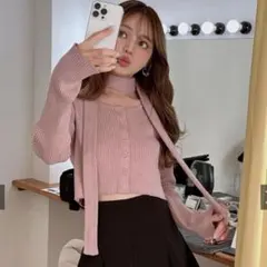 GRL マフラー付きニットショート丈カーディガン　ピンク