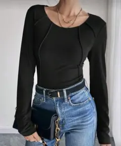 SHEIN★ブラックリブ編み長袖Tシャツ