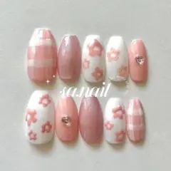 ネイルチップ　現品　ピンク　お花　チェック　ハート　春　マグネット　no.37