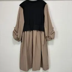 リブ編みトップのベージュロングワンピース M