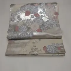 正絹　シルバー系 花柄 袋帯