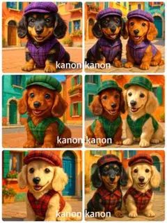 P398 パネル生地　ダックスフンド　タータンチェック　18×18 6枚1セット