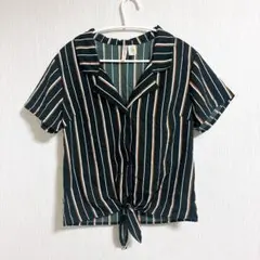美品✨ストライプ 半袖 シャツ 前結び 開襟 カジュアル【S】